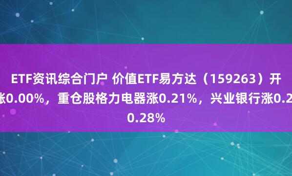ETF资讯综合门户 价值ETF易方达（159263）开盘涨0.00%，重仓股格力电器涨0.21%，兴业银行涨0.28%